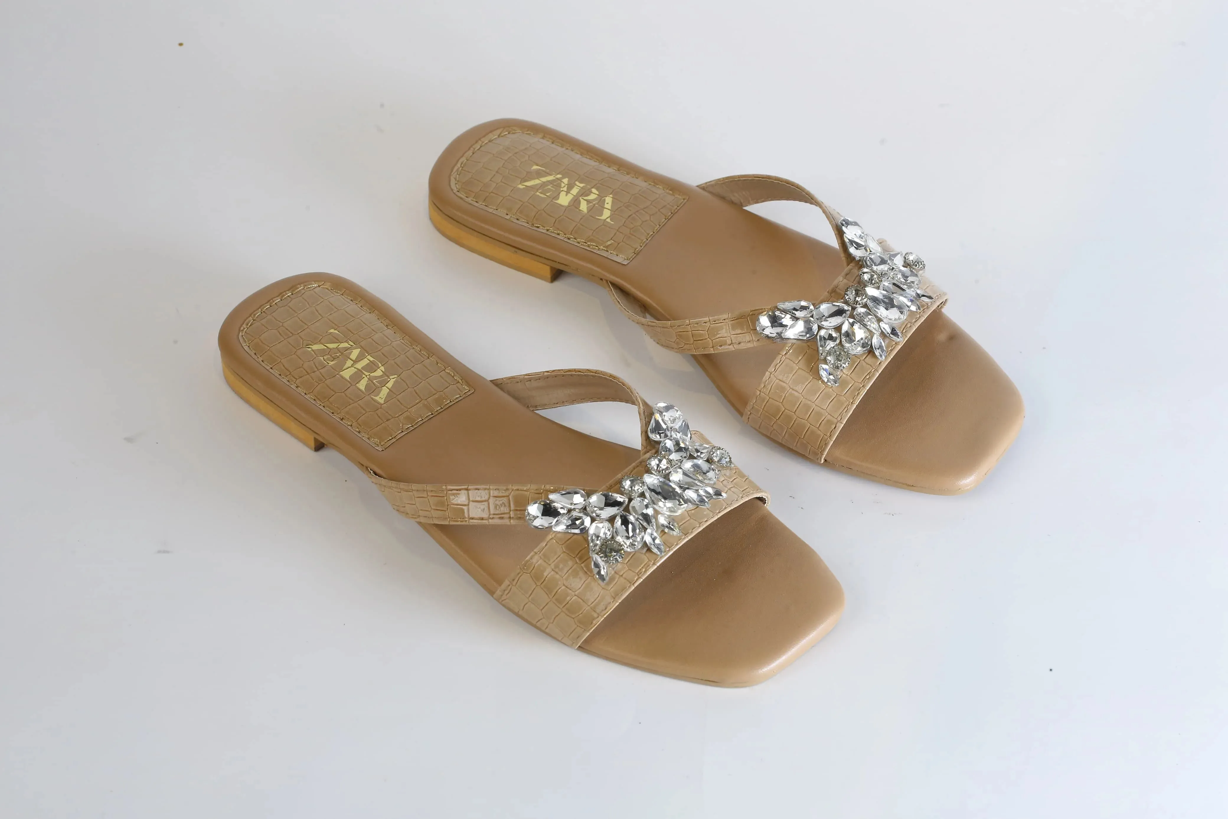 ZARA CRYSTAL FLAT SANDALS - BEIGE