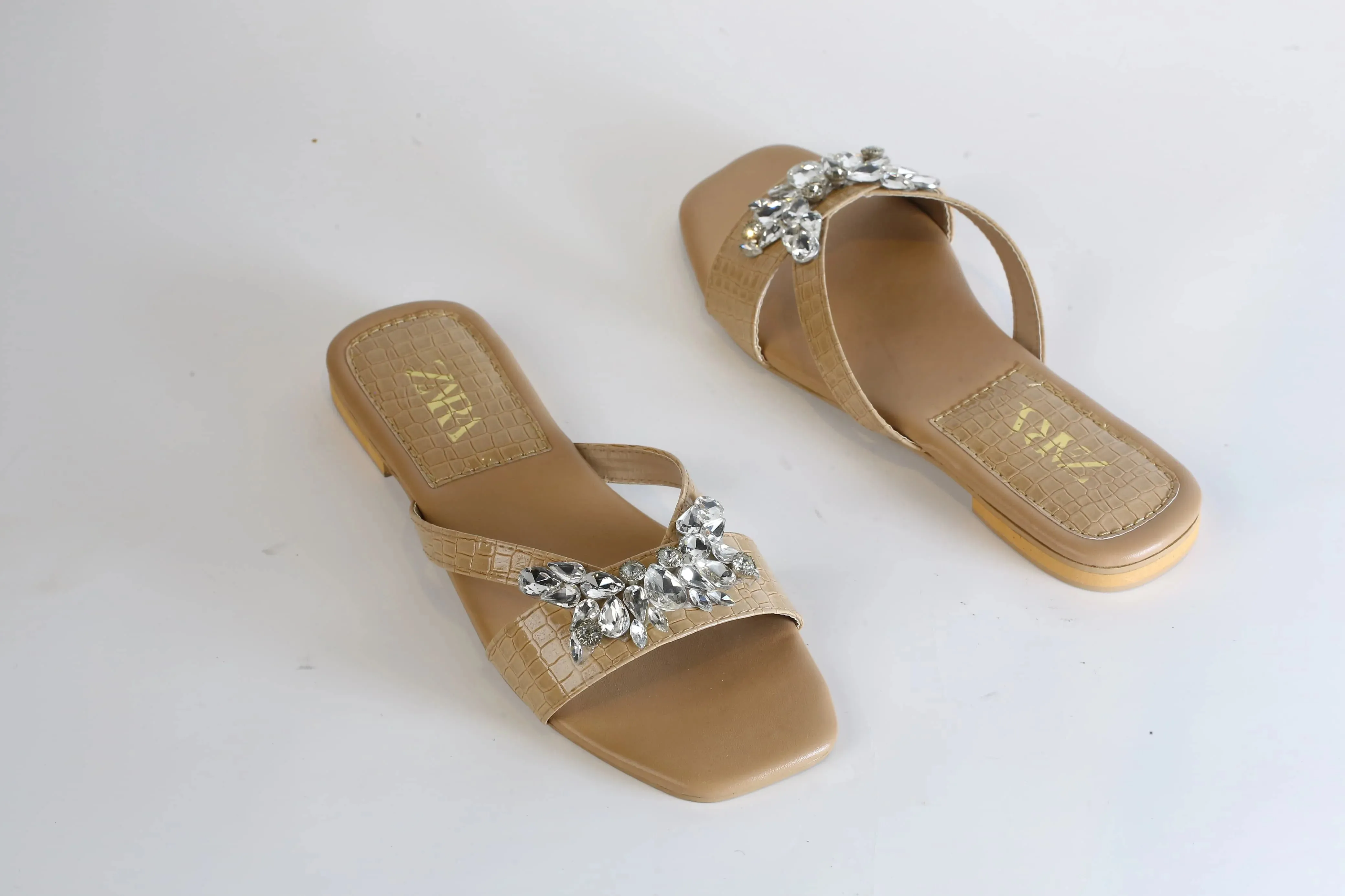 ZARA CRYSTAL FLAT SANDALS - BEIGE