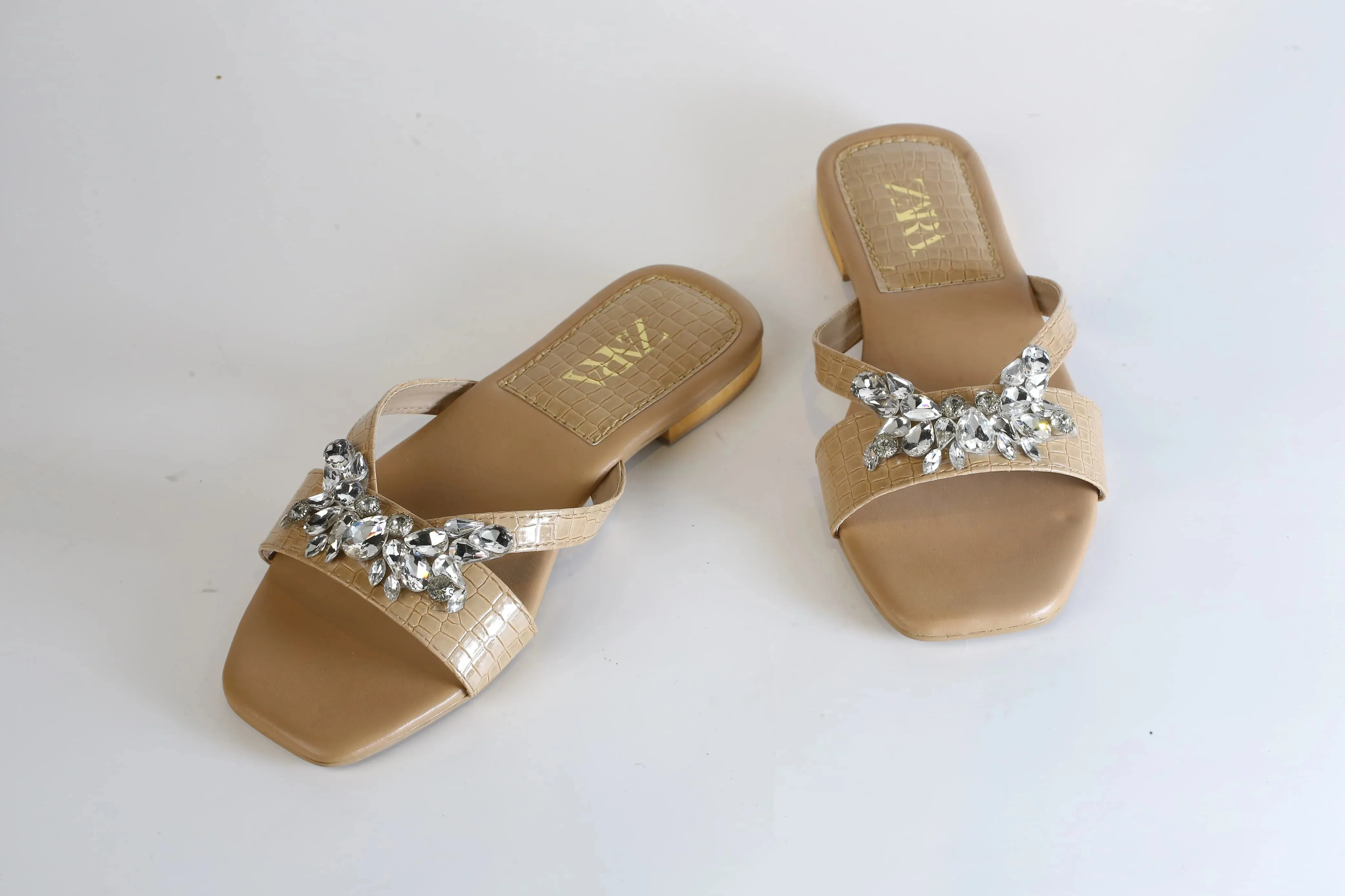 ZARA CRYSTAL FLAT SANDALS - BEIGE